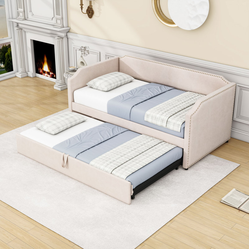 Twin Velvet Upholstered Daybed with Lift-Up Twin Trundle, Beige