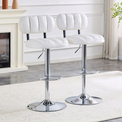 Set Of 2 Adjustable Height Bar Stools, White PU Leather Upholstered With Chrome Base & Footrest, Modern Comfort Stools For Kitchen Island, Home Bar, Living Room