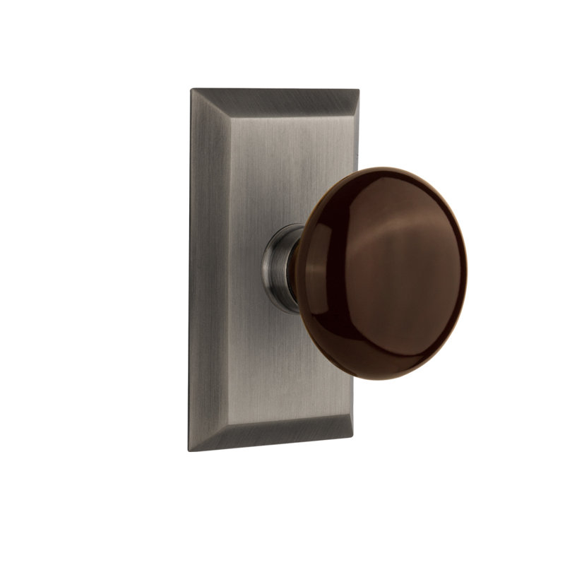 Studio Plate with Brown Porcelain Door Knob, Antique Pewter, 2.375"