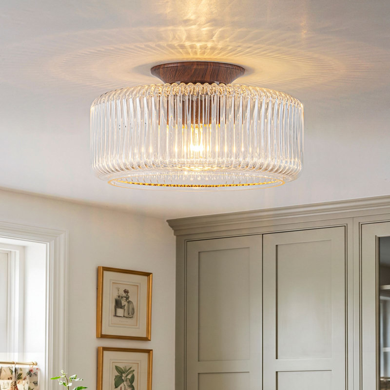 Plafonnier semi-encastré à tambour en verre nervuré à 1 lumière