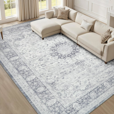Tapis 9 x 12 lavable à la machine, doux et antidérapant, poils courts rétro avec bords renforcés, grand tapis pour le salon, la salle à manger, la chambre à coucher