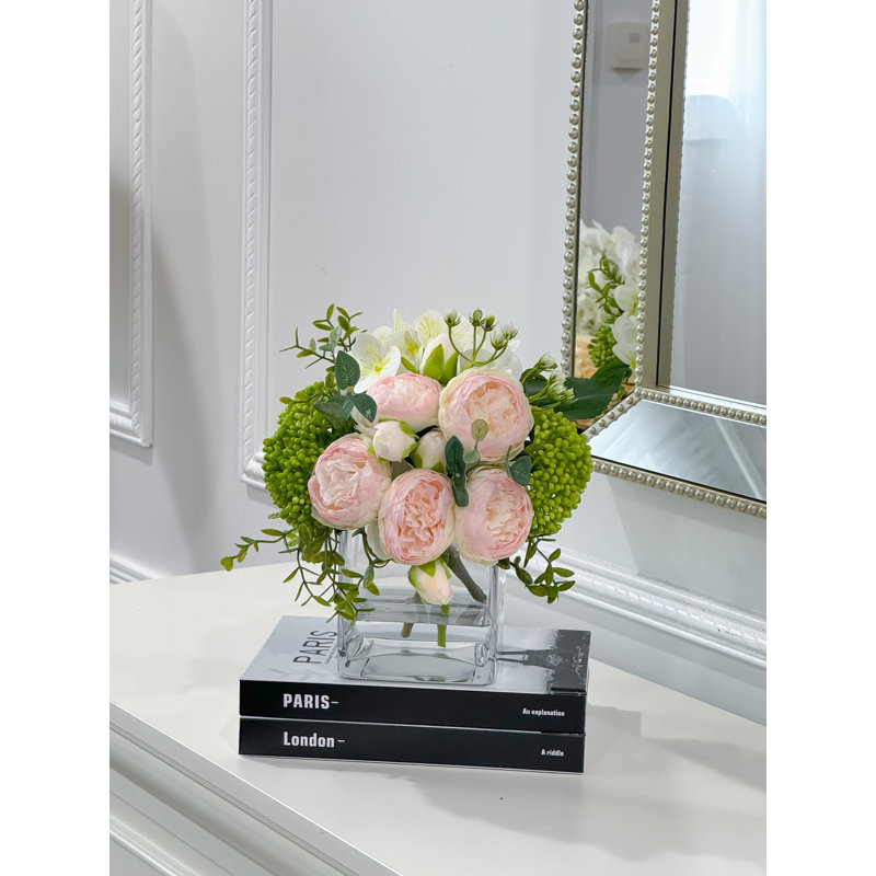 Faux Peony And Hydrangea In Vase, Light Pink