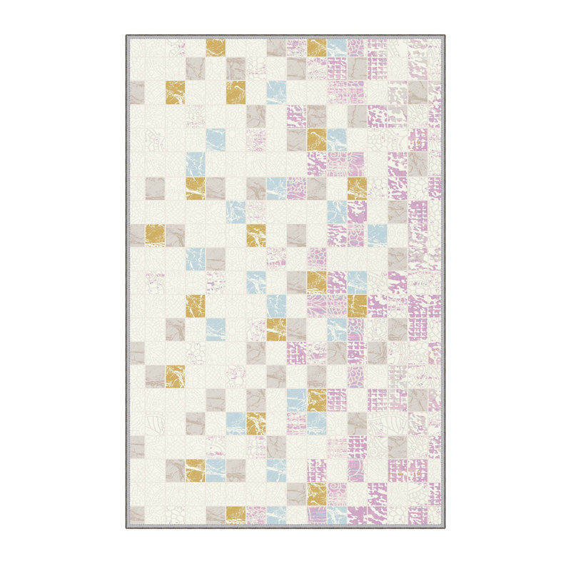 Tapis en polyester tissé à la machine Deondrick en crème / bleu / rose, Rectangle 5 pi 3 po x 7 pi 7 po