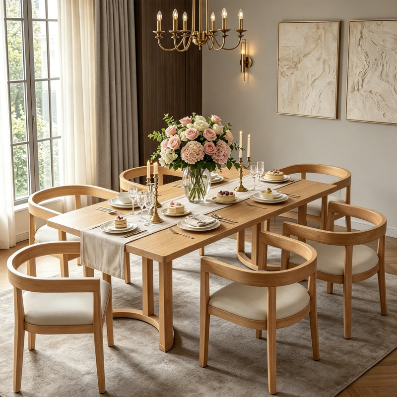 Ensemble de table de salle à manger 7 pièces Modern Farmhouse, table de salle à manger rectangulaire en bois massif avec 6 chaises rembourrées