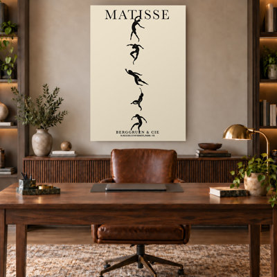 Tableau noir minimaliste représentant des figures dansantes sur toile beige.