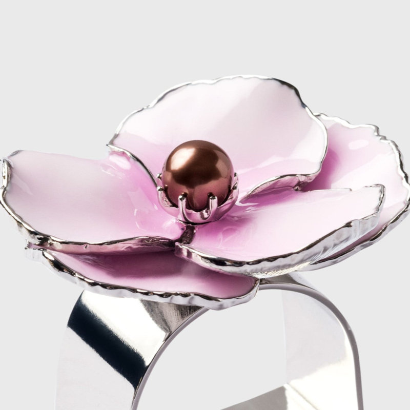 Enamel Flower Napkin Rings, Pink/Shiny Silver