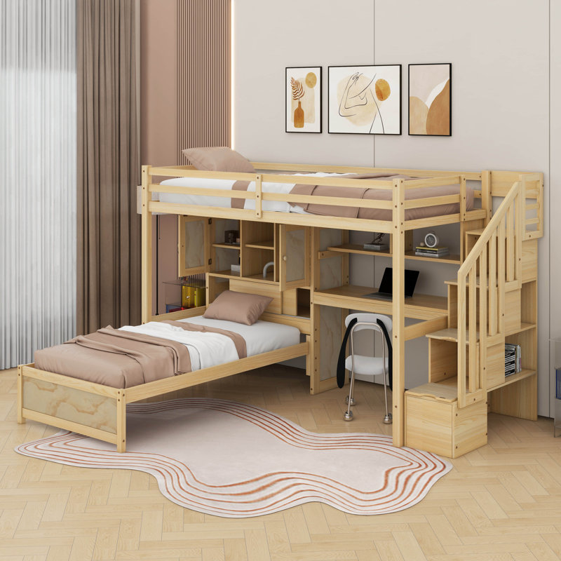  Lit mezzanine simple au-dessus de simple Karanfila avec bureau intégré et escalier, avec compartiments de rangement et tablettes