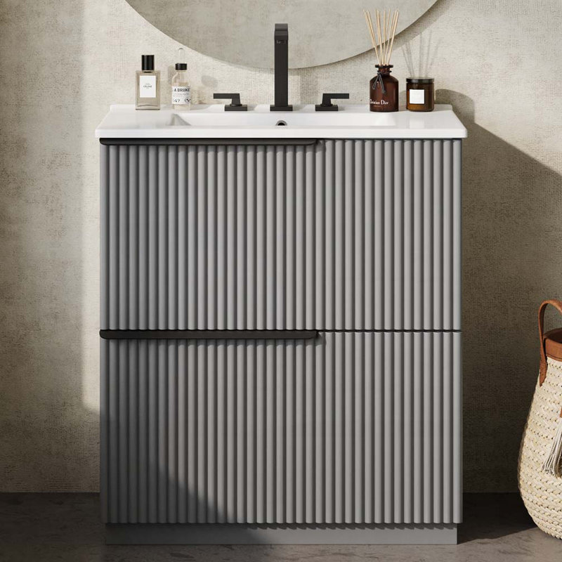 Meuble-lavabo 30 po avec lavabo en céramique et tiroirs pleine extension, Gris