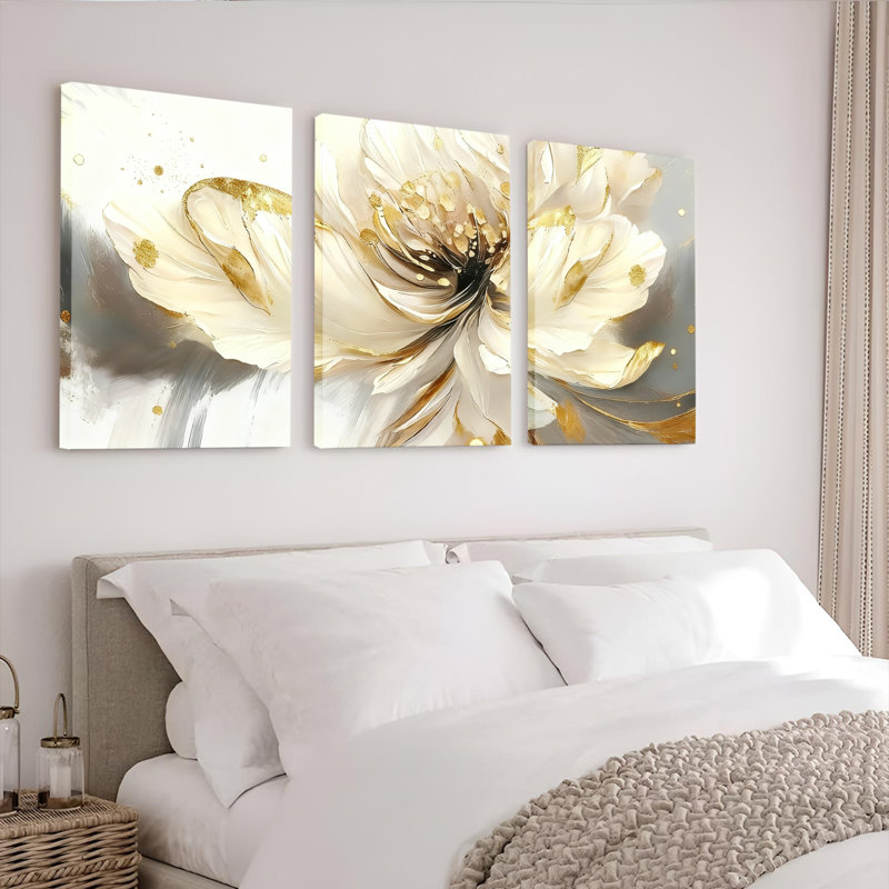 Toile murale abstraite florale blanche et dorée (lot de 3), H 36 po x l 72 po