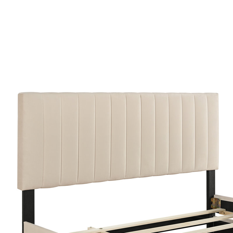 Lit plateforme tapissier en velours avec lit gigogne, Beige, Grand lit