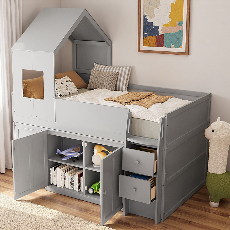 Lit mezzanine en bois avec bureau, tiroirs et armoires, Gris