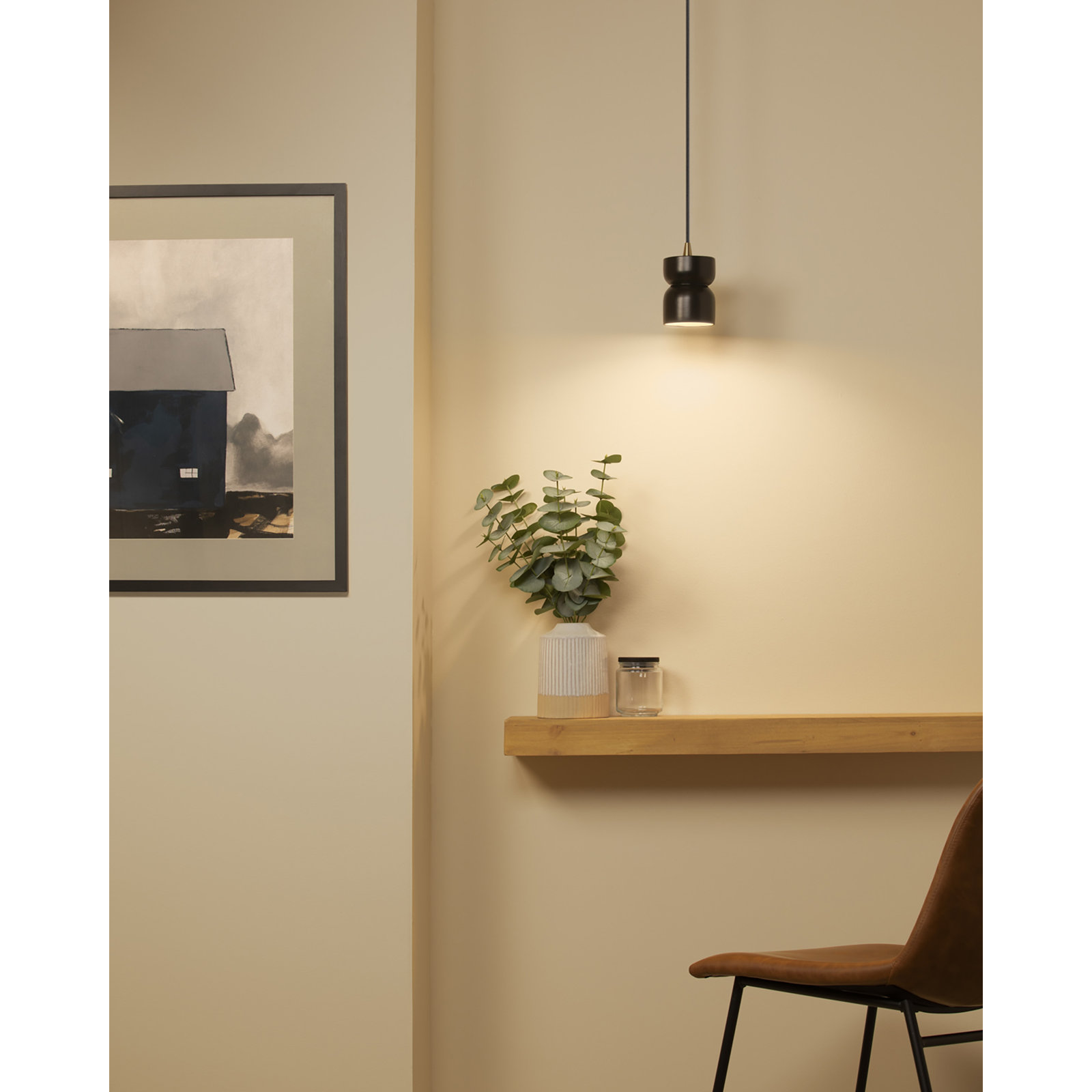 Leni Dimmable Ceramic Single Light Pendant, Carbon Matte Black, Antique Brass