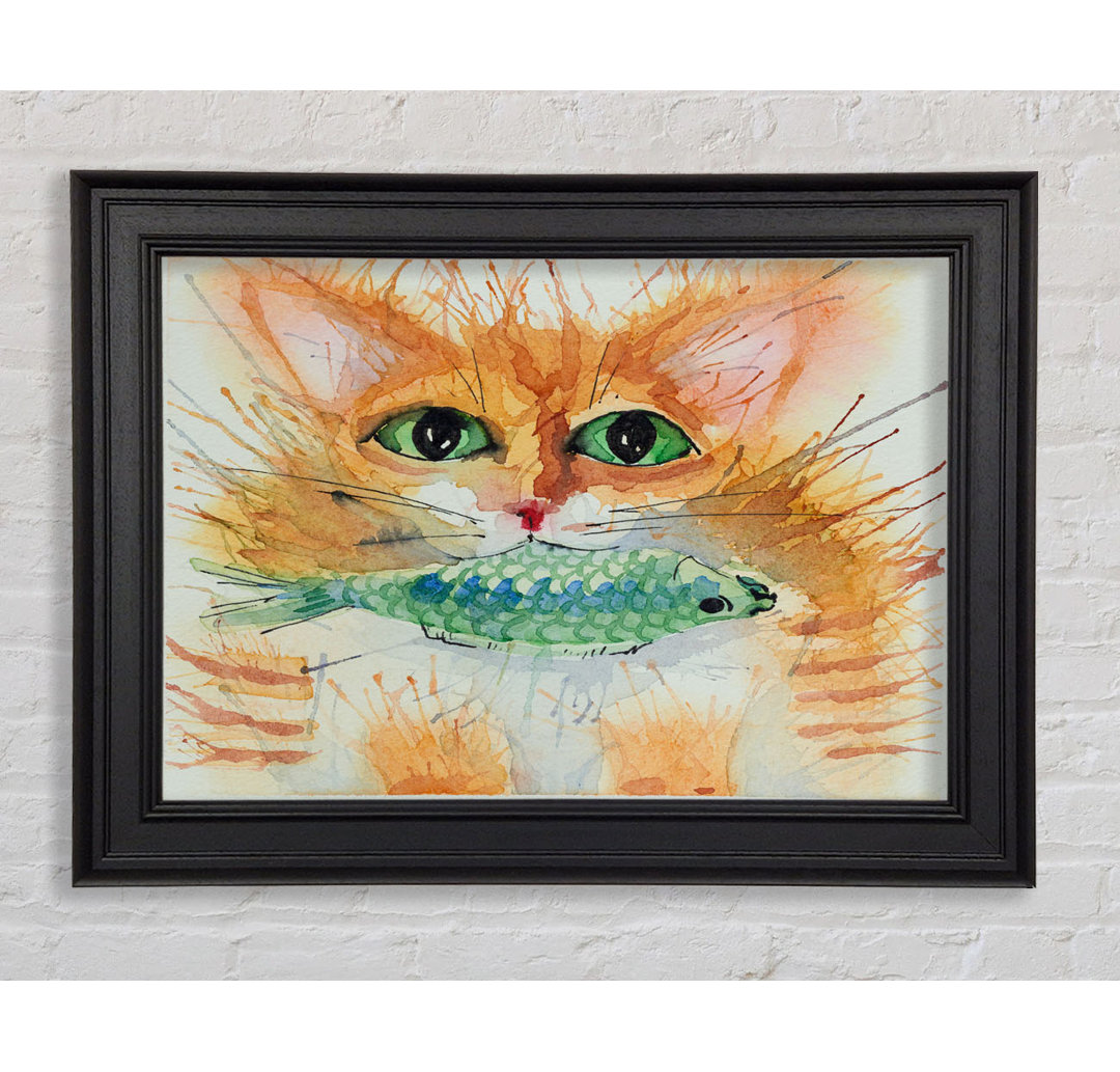 Aquarell Katze mit Fisch - Druck