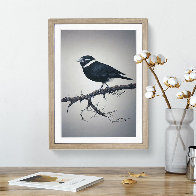 Bird Upon A Tree - Wall Art, 36cm H x 27cm W x 2cm D, Oak Framed, White