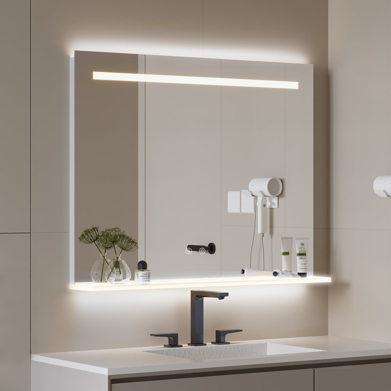 Led Lighted Fog-Free Mirror With Storage Shelf Wall-Mounted Waterproof