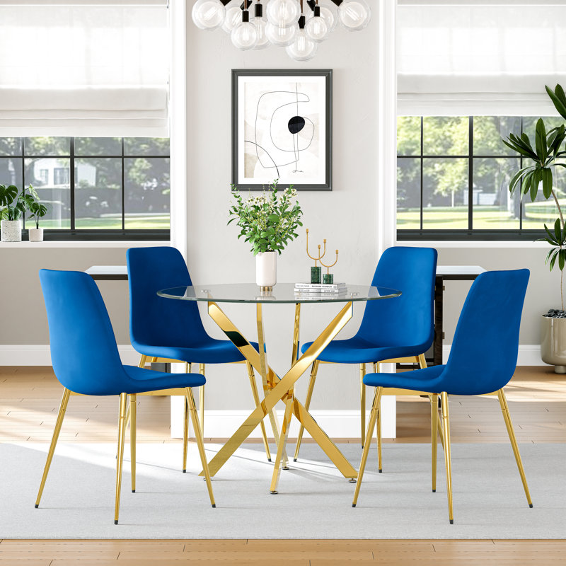 Round Glass Dining Table Set, 36" Clear Tempered Glass Tabletop With 4 Velvet Dining Chairs(Set Of 5), Gold/Blue/Gold