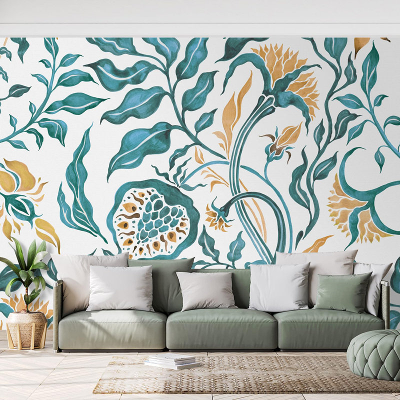 Aquarelle artistique botanique aux accents dorés, L 96 po x l 144 po