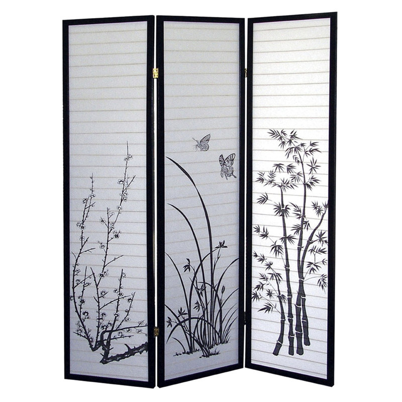 Barrière de séparation 3 pièces de 70 pouces de haut avec motifs floraux et noirs - Préservez votre intimité et rehaussez votre décoration. Panneaux en papier ornés de silhouettes végétales attrayantes et structure métallique.
