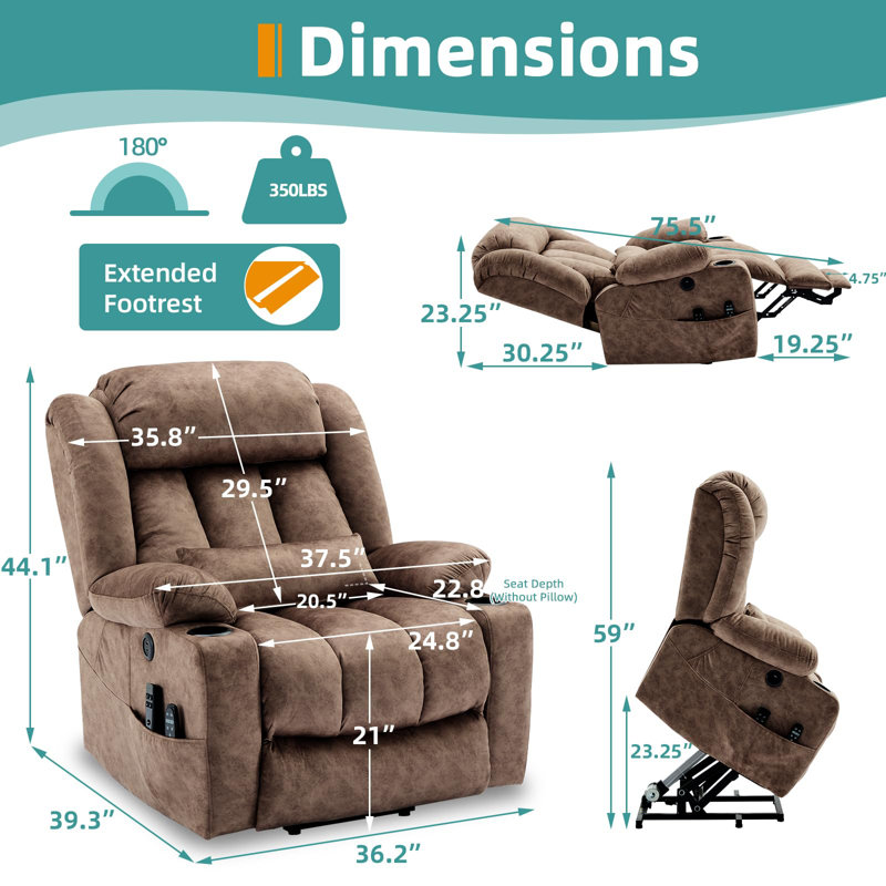 Latitude Run Oversized Dual Motor Lay Flat Power Lift Recliner Chair For Elderly With Heat Massage, Large Sleeping Electric Recliner With Extended Footrest, Lumbar Pillow, Usb & Type-C Ports, Plush
