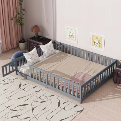 Floor Bed with Fence,Door,Rubber Wood Floor Bed