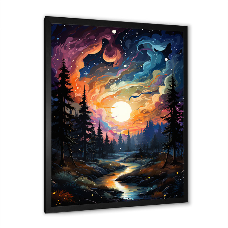 Moonlight River Into The Forest III - Forêt et rivière, art mural, H 32 po x l 24 po x P 1 po, Cadre photo noir simple