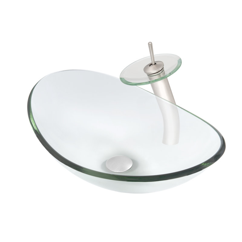 Lavabo de salle de bain vasque ovale en verre Chiaro avec robinet, Nickel brossé transparente