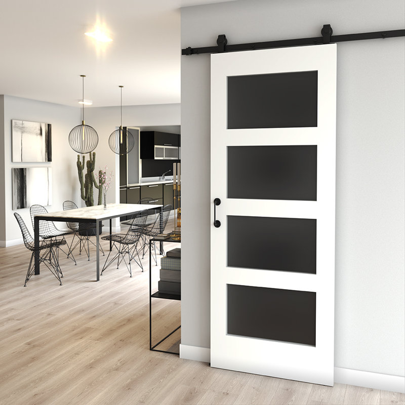 White Primed Pine Wood Frosted Glass Barn Door Slab