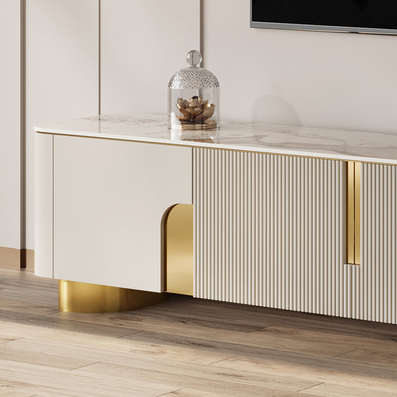 79" Luxury Marble Beige TV Stand with 4 Cabinets and Elegant Gold Legs