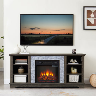 Meuble télé électrique pour foyer, gris, insert de 18 po, entourage en faux pierre, rangement ouvert, pour téléviseur de 65 po, console moderne grise - rangement pour téléviseur, support