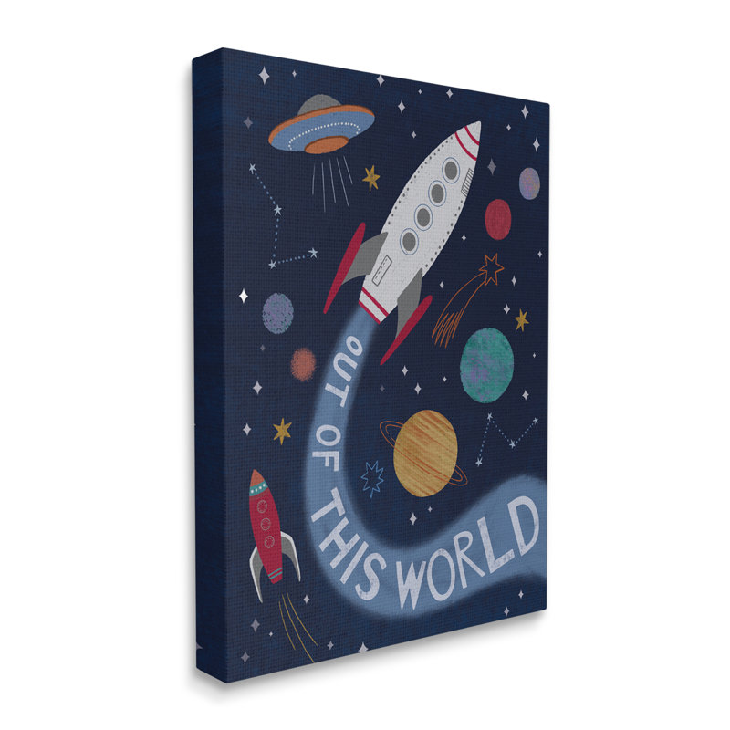 «Out Of This World Text Flying Rocket Ship Galaxy» par Nina Seven - impression, L 16 po x H 20 po, Toile tendue