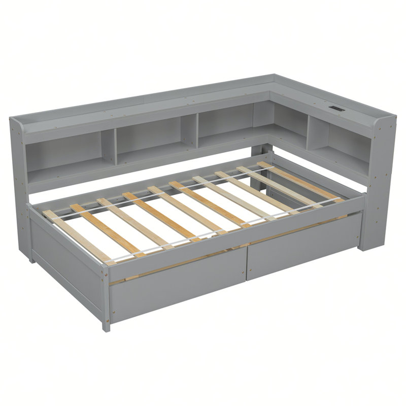 L-shaped Bookcases Bed with Power Outlets, USB Charging Ports,Two Drawers, Grey, Twin