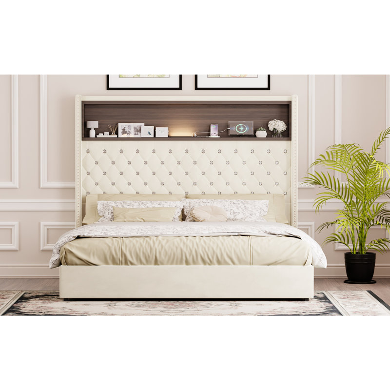 Cadre de lit doux en velours capitonné avec port USB et veilleuse, Beige, Grand