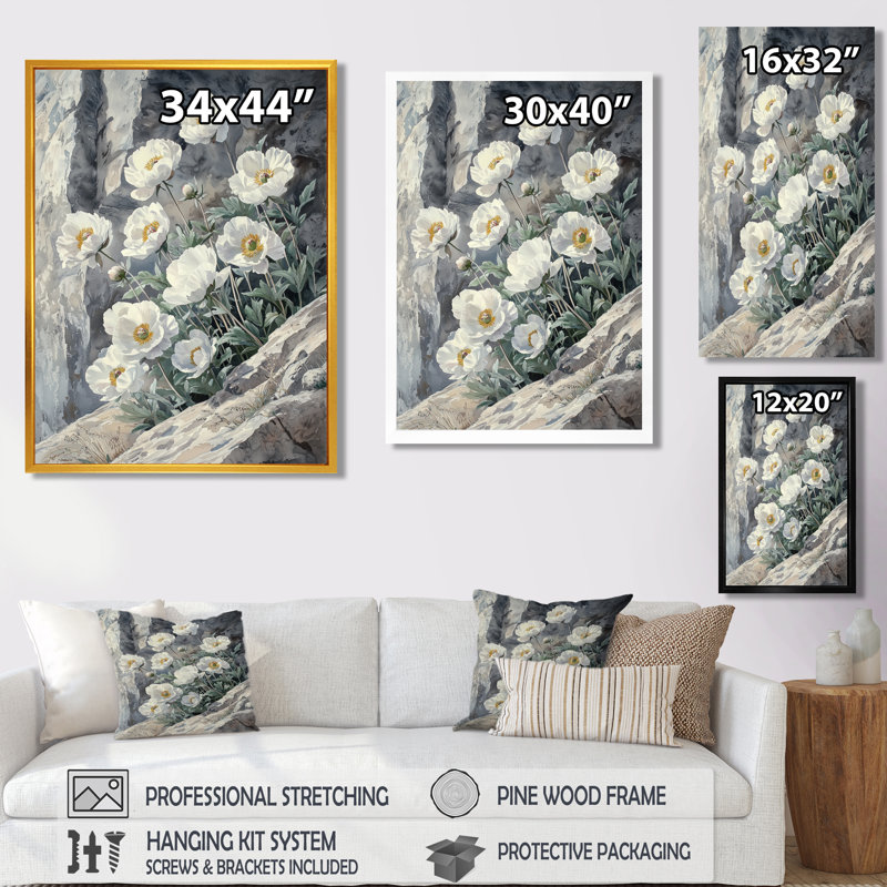 Monochromes de pivoines au bord de la falaise II - pivoines, art mural, Impression encadrée sans passe-partout, Doré
