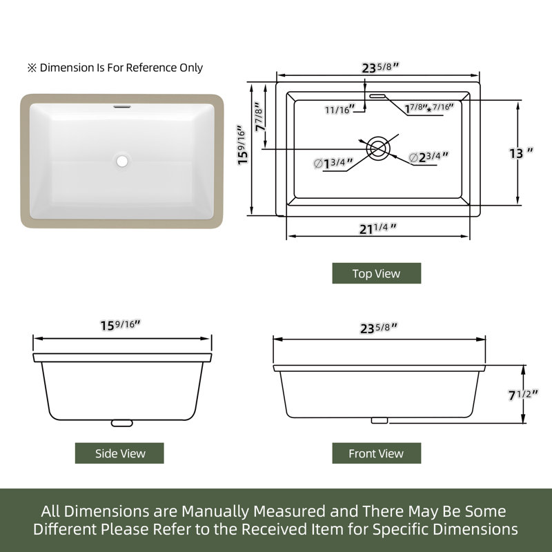 Lavabo de salle de bain encastré en porcelaine vitreuse rectangulaire en céramique blanche avec trop-plein L 24 po x P 15,5 po