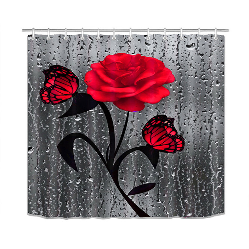 Ensemble de rideau de douche 4 pièces + crochets, Rouge