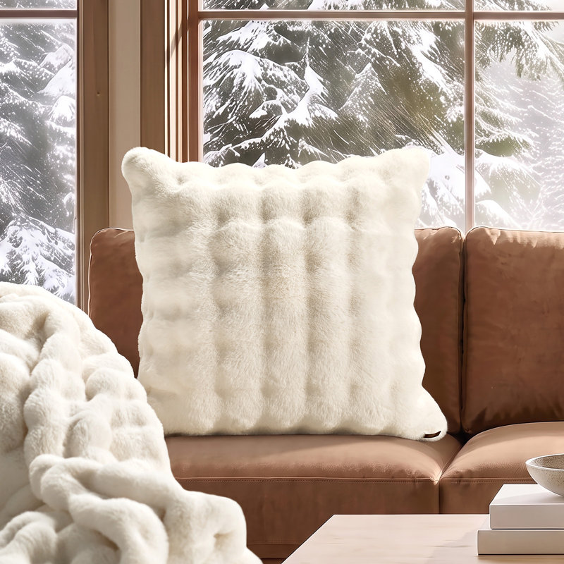 Margaret-Pillow Cover Faux Fur Pillow Cover, Ivory White, 24*24inch