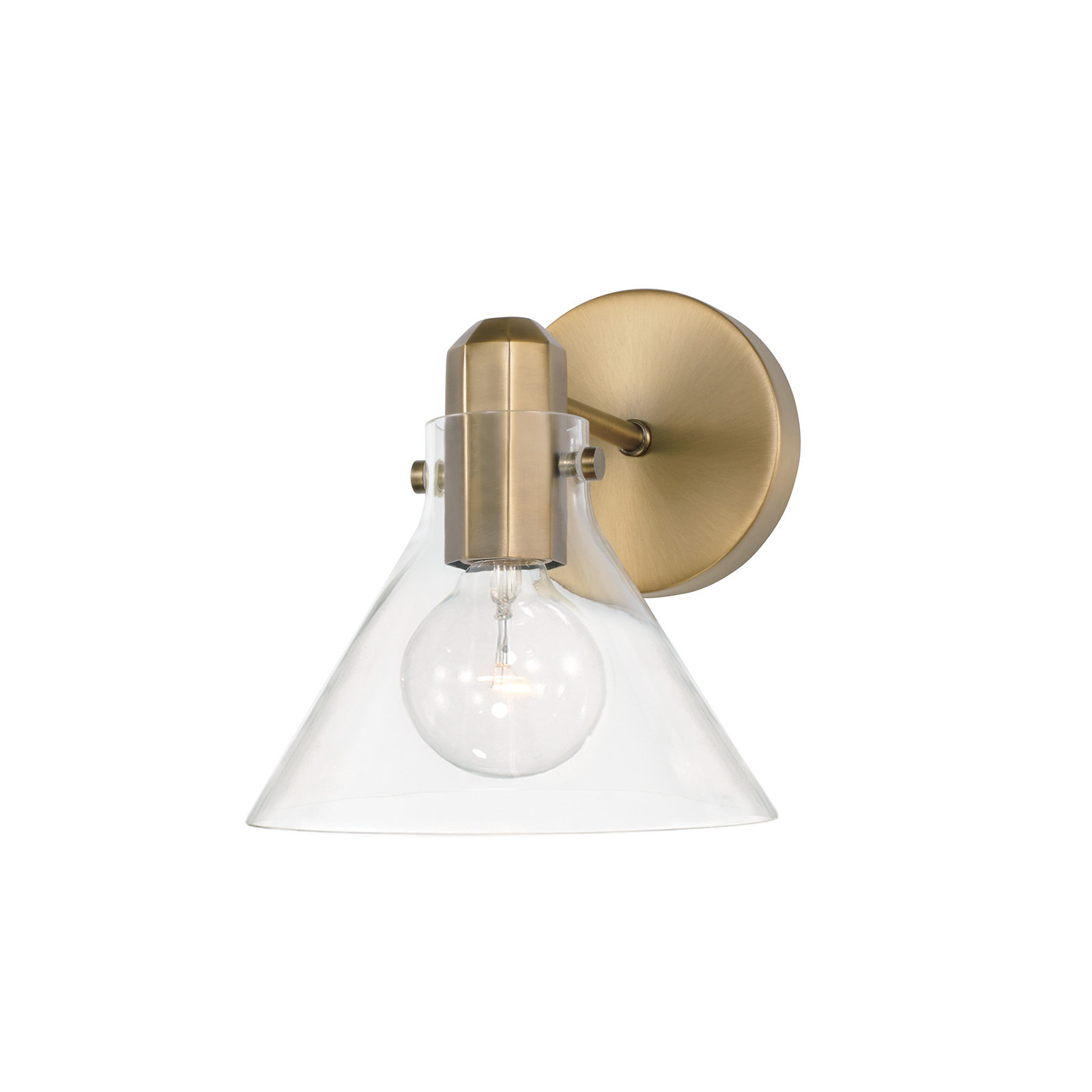 Single Light Glass Dimmable Armed Sconce, Aged Brass