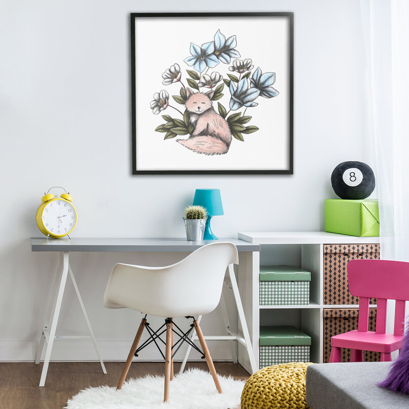 Doux renard avec des fleurs, estampe numérique, design par Cecilia Battaini, H 24 po x l 24 po, Giclée encadrée noir minuit