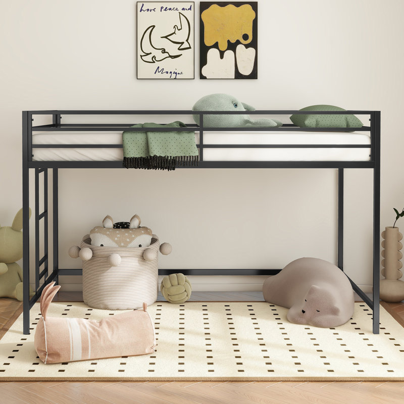 Twin Size Loft Bed With Ladder And Guardrail For Kids Teens Adults, Heavy Duty Metal Loft Bed Frame With Slats, No Box Spring Needed, Small Space Saving Furniture For Bedroom Dorm, Black