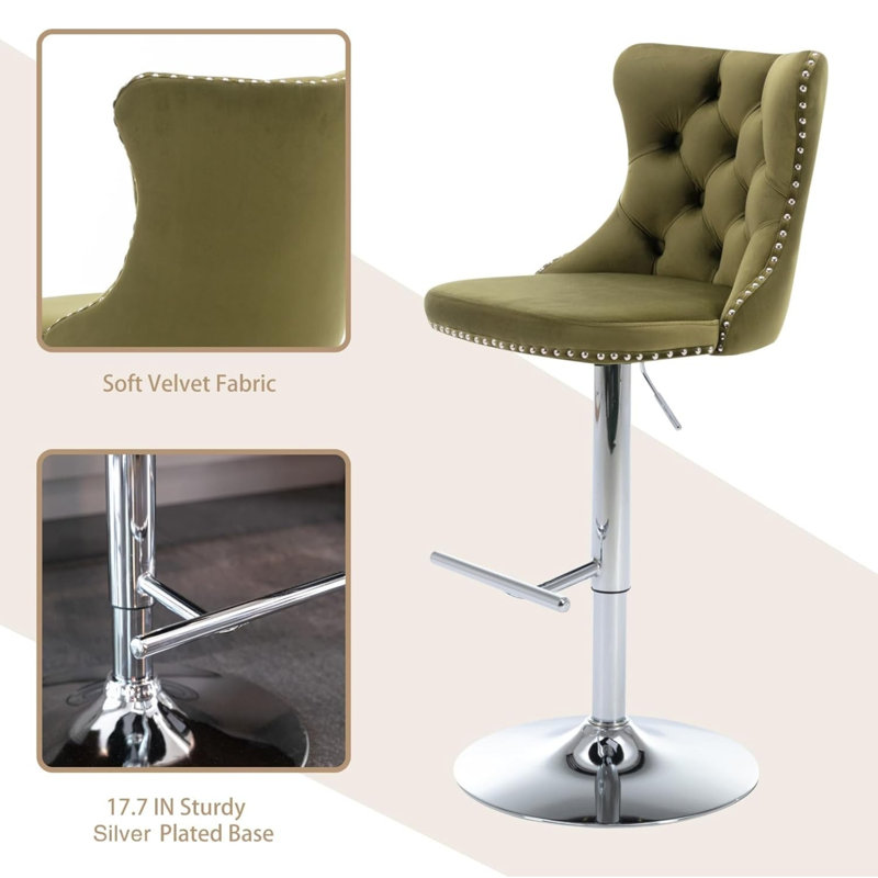 Tabouret de bar pivotant à hauteur réglable Zager, Argent, Vert olive, 4