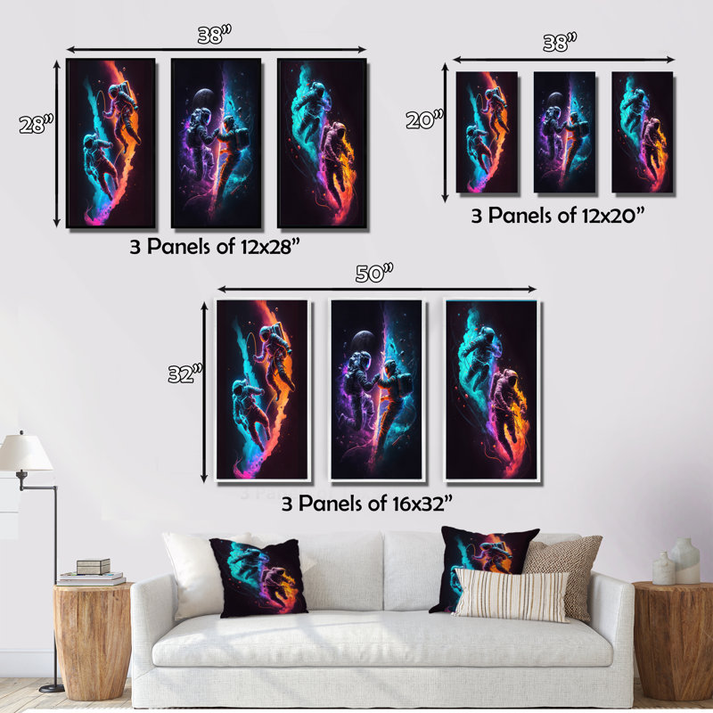 «Cosmic Astronaut Explorers», 3 pièces sur toile, Cadre naturel flottant, H 40 po x l 60 po