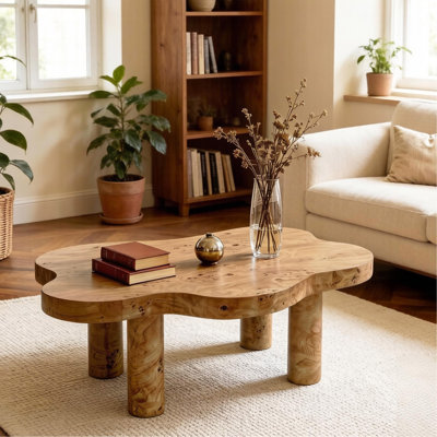 Table basse moderne de 40 pouces en forme de nuage, équipée de 4 pieds ronds pour assurer la stabilité structurelle, convenant à la décoration du salon, des appartements et des petits espaces avec un motif de nœuds d'arbre