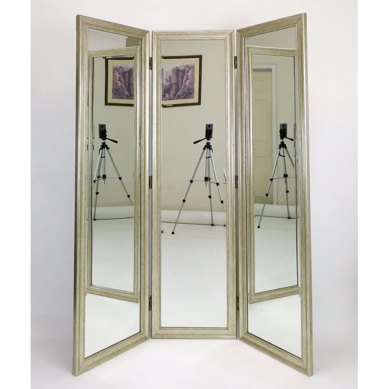 Reggie 60" W x 72" H 3 - Panel Folding Full-size Floor Dressing Mirror, Antique Silver