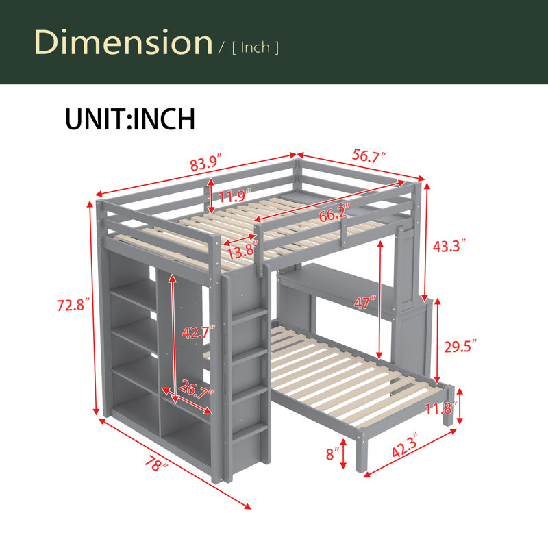 Structure de lits superposés en bois massif avec tablettes intégrées et garde-robe, pouvant être convertie en lit mezzanine