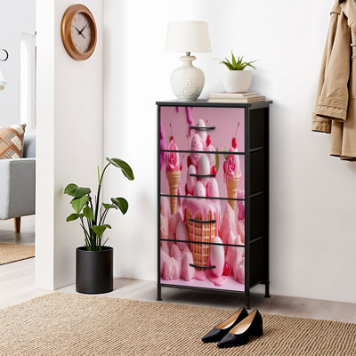 Dresser for Bedroom Dresser for Closet Desserts Ice Cream Pink Traditional Scoops Roses Cherries Waffle Cone Dressers & Chests of Drawers Fabric Closet Organizers and Storage with 4 Drawers Storage Bins