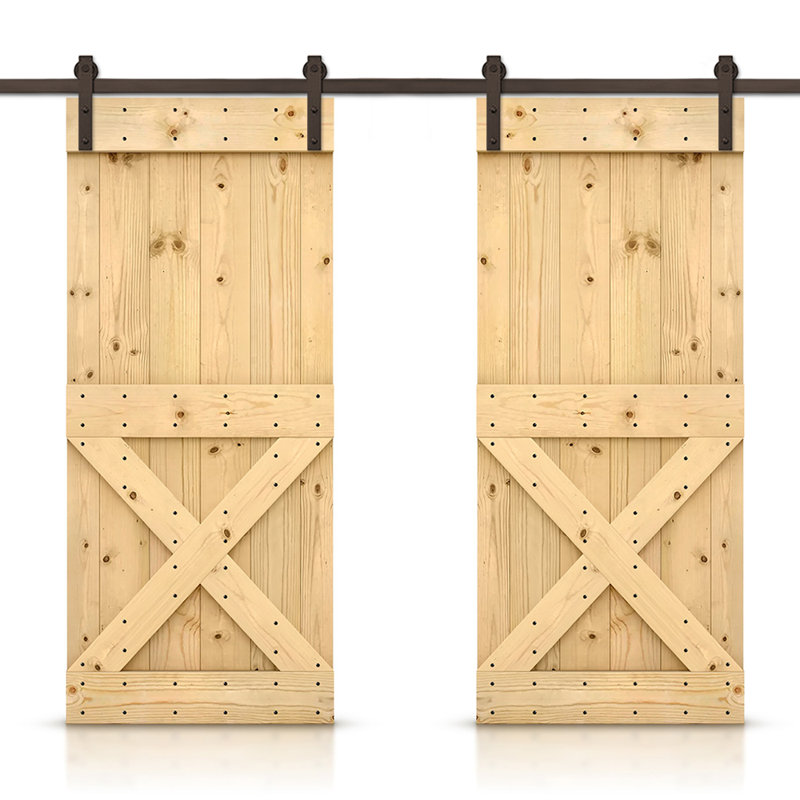 Porte de grange à panneaux et en bois avec quincaillerie d'installation, 40 po x 84 po, Jaune