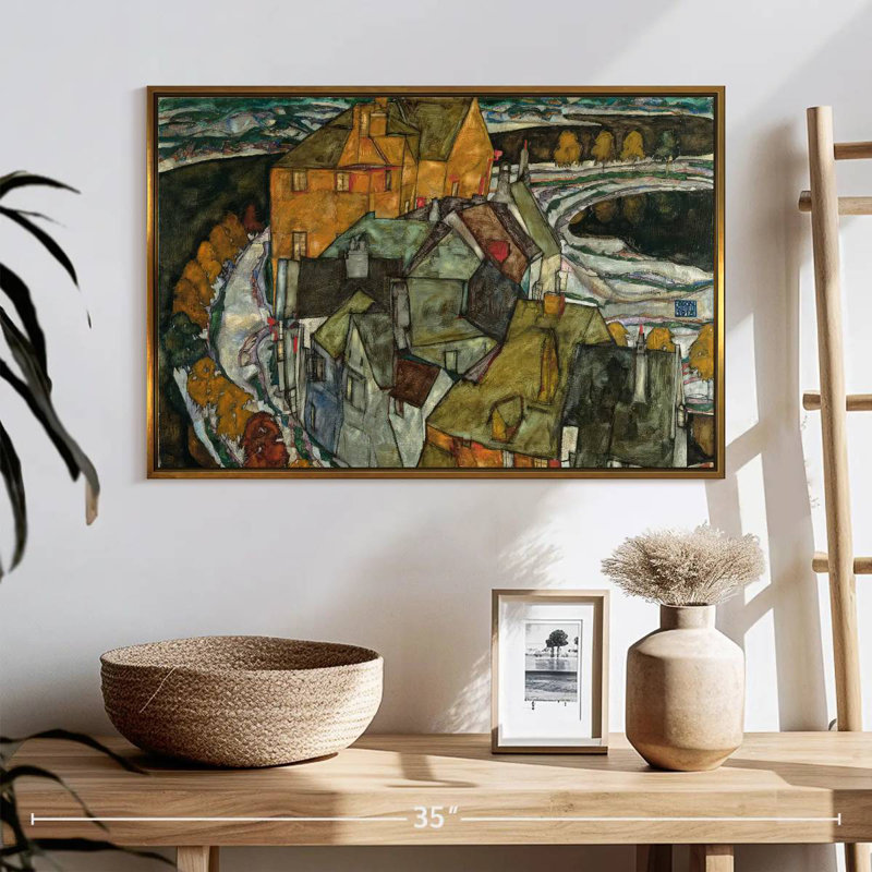 Croissant des maisons II, 25 po x 17 po, Cadre flottant doré
