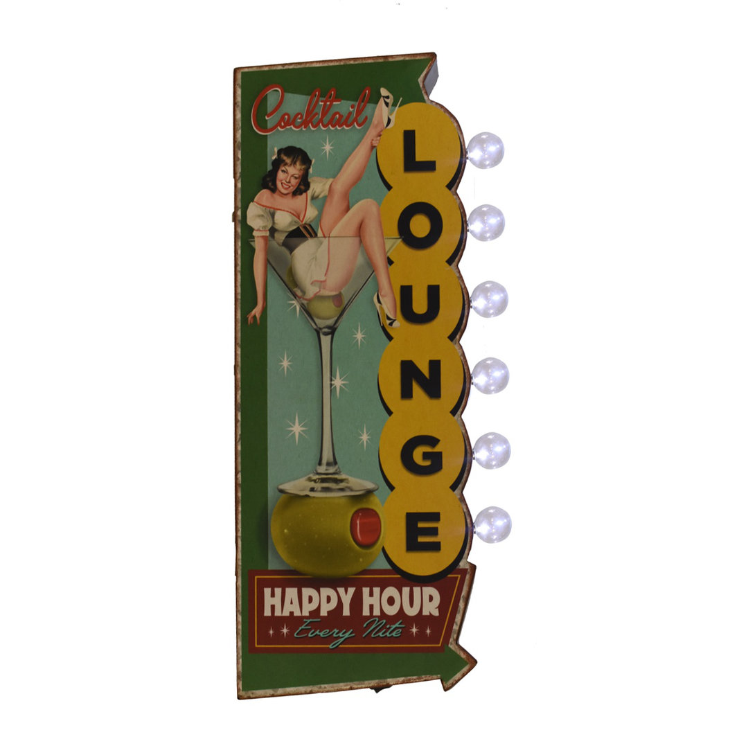 Vintage Cocktail Light Up Happy Hour Metal Sign LED Bar Wall Art Man Cave Decor Trinx