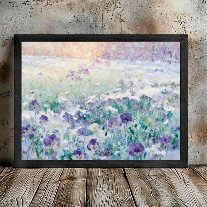 Black Framed Impressionist Wildflower Field Wall Art - Landscape Decor Framed Prints, 11" H x 9" W