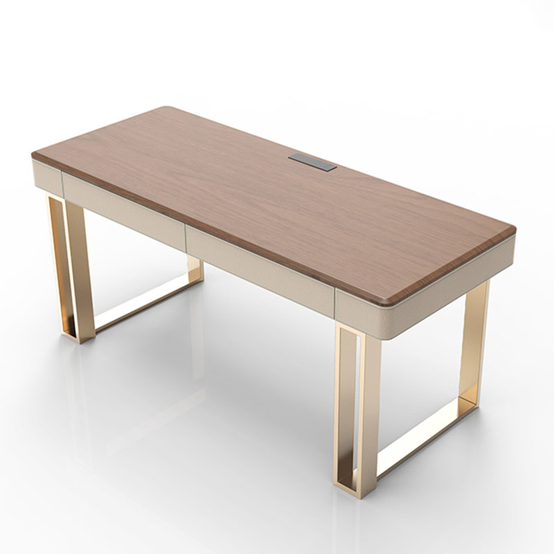 Bureau en bois massif avec pieds en acier inoxydable et revêtement en cuir de selle, H 29,5 po x l 39,4 po x P 23,6 po, Doré